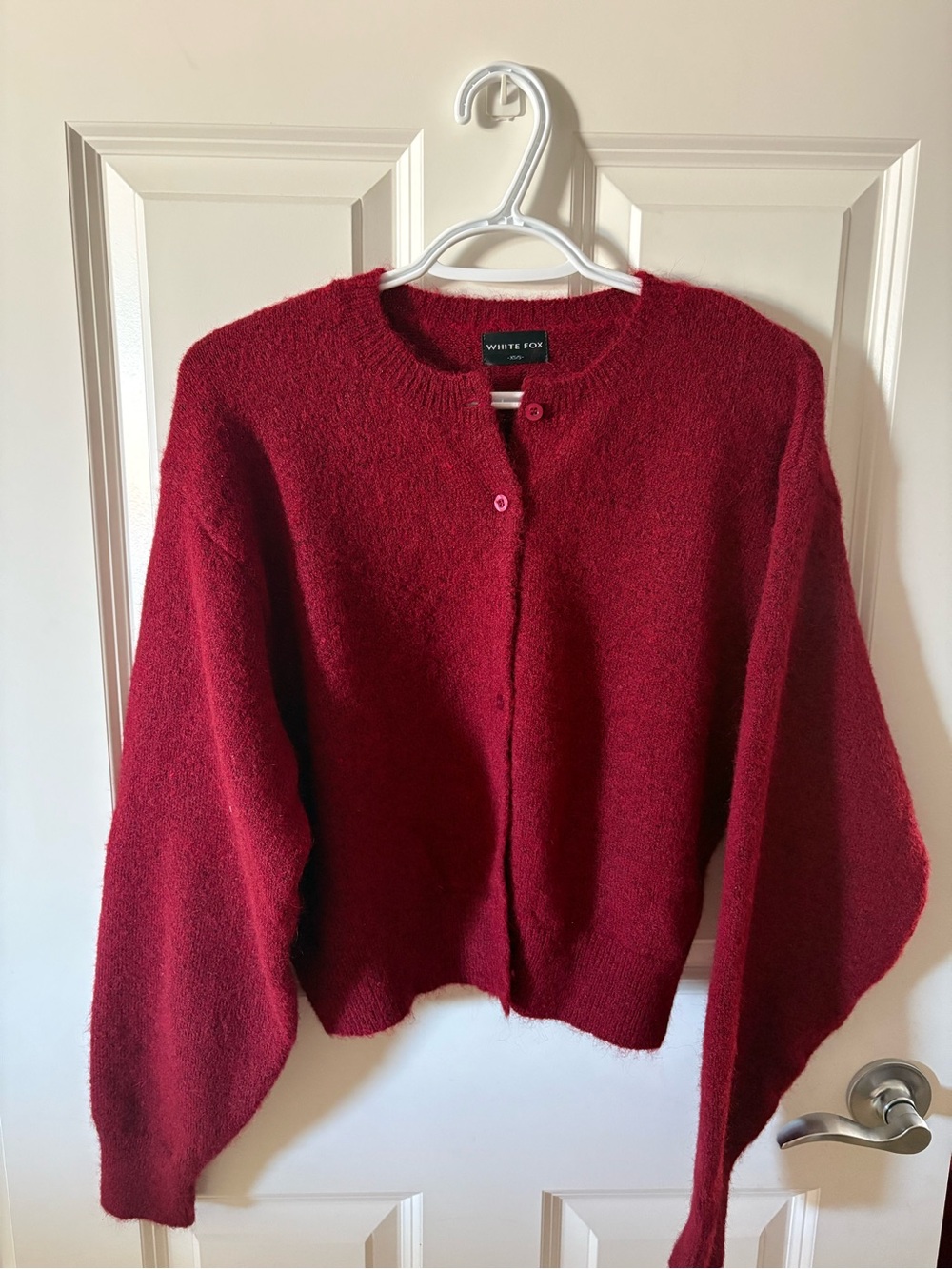 White Fox Boutique Burgundy Button-Front Crewneck Cardigan